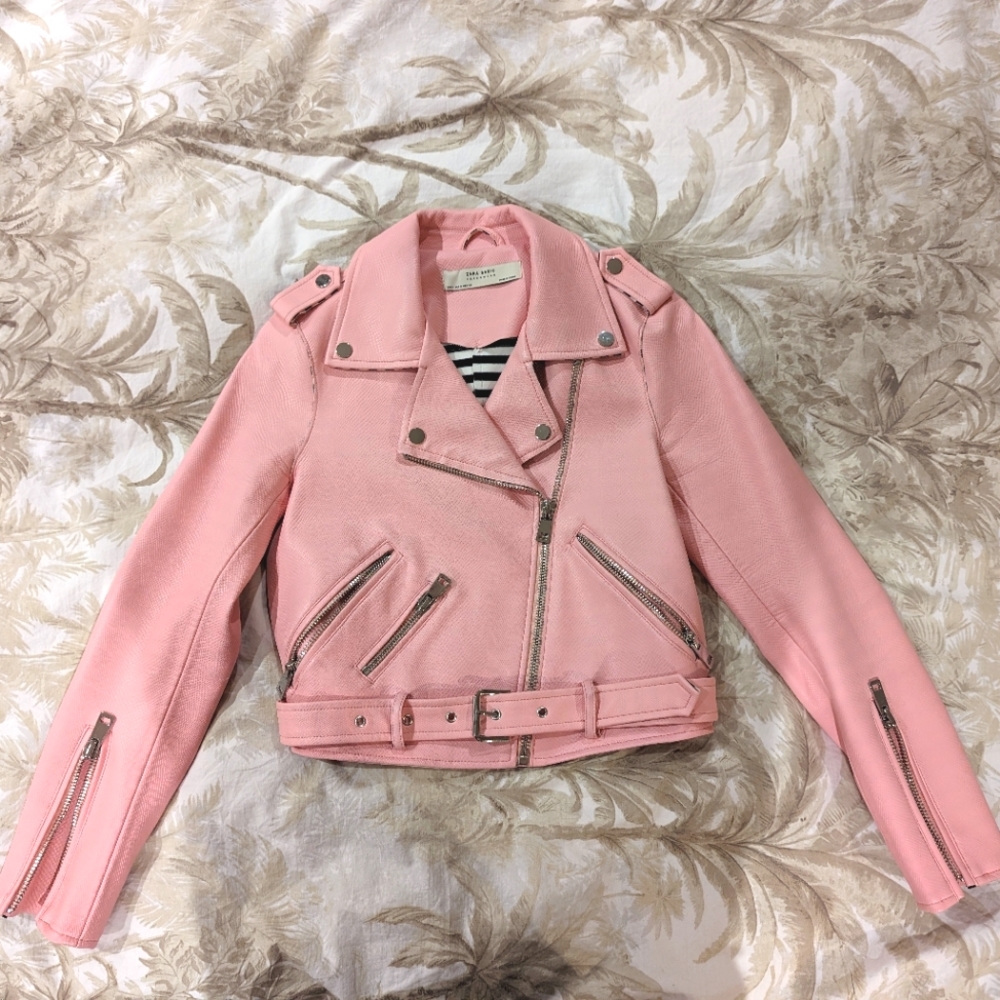 Zara faux leather pink moto jacket with pockets size S